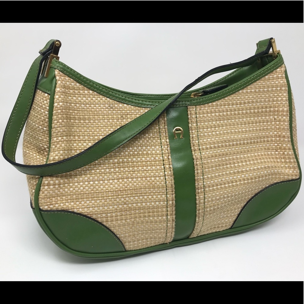 Vintage Aigner Green Leather and Straw handbag